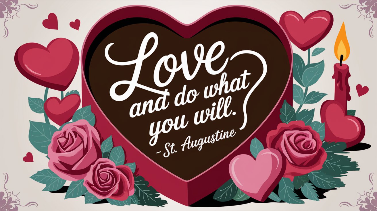 100 Valentines Day Quotes: From 600 BC to the 21st Century 11 - SeniorCenters.com An illustration of a heart-shaped box of chocolate, with the quote "Love, and do what you will. - St. Augustine" written in a cursive script. There are hearts, roses, and a candle surrounding the box. The background is a vintage pattern.