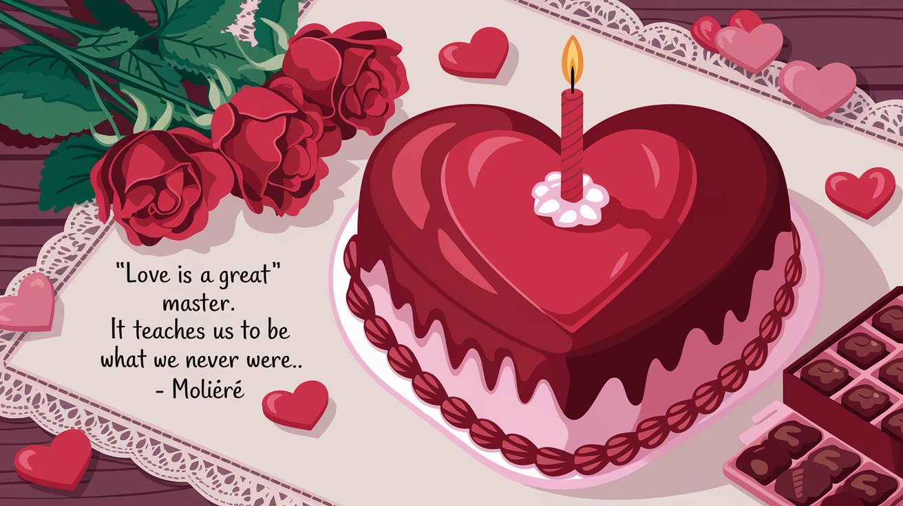 100 Valentines Day Quotes: From 600 BC to the 21st Century 22 - SeniorCenters.com An illustration of a heart-shaped cake with a single candle on top. There are red roses and a box of chocolates beside the cake. The background is a wooden table with a white cloth. There are floating hearts with the text "Love is a great master. It teaches us to be what we never were. - Molière".
