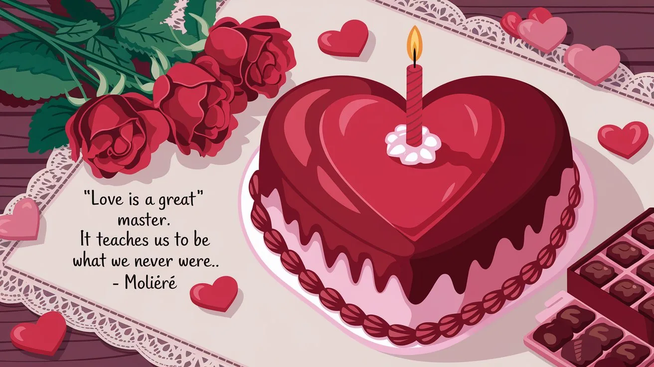 100 Valentines Day Quotes: From 600 BC to the 21st Century 21 - SeniorCenters.com An illustration of a heart-shaped cake with a single candle on top. There are red roses and a box of chocolates beside the cake. The background is a wooden table with a white cloth. There are floating hearts with the text "Love is a great master. It teaches us to be what we never were. - Molière".