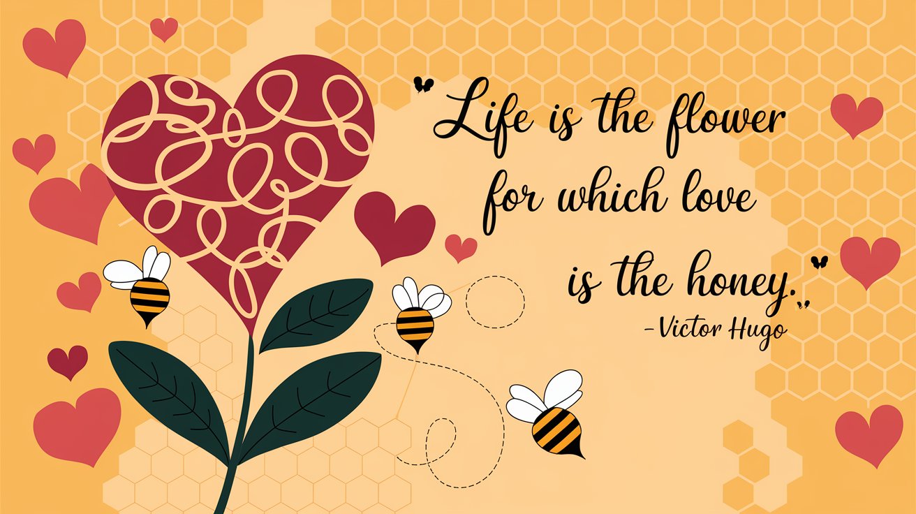 100 Valentines Day Quotes: From 600 BC to the 21st Century 32 - SeniorCenters.com An illustration of a heart-shaped flower with petals made of intertwined hearts. The flower is placed on a background of a honeycomb. There are hearts and bees around the flower. The quote "Life is the flower for which love is the honey.-Victor Hugo" is written in a cursive script above the flower.
