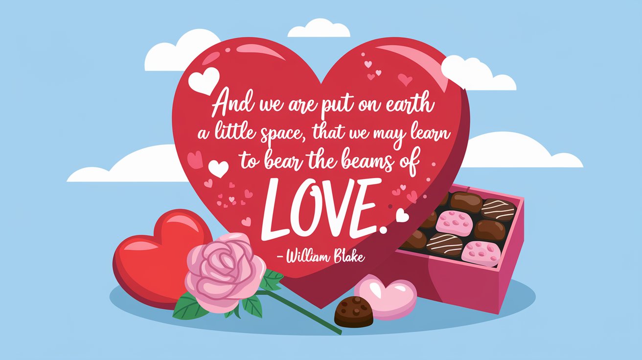 100 Valentines Day Quotes: From 600 BC to the 21st Century 27 - SeniorCenters.com An illustration of a man and a woman holding hands. The man has long hair and wears a white shirt. The woman has short hair and wears a blue shirt. They stand on a rocky terrain. There are hearts and the text "And we are put on earth a little space, that we may learn to bear the beams of love. -William Blake" written in red and pink. The background is a serene landscape with mountains, trees, and a body of water.