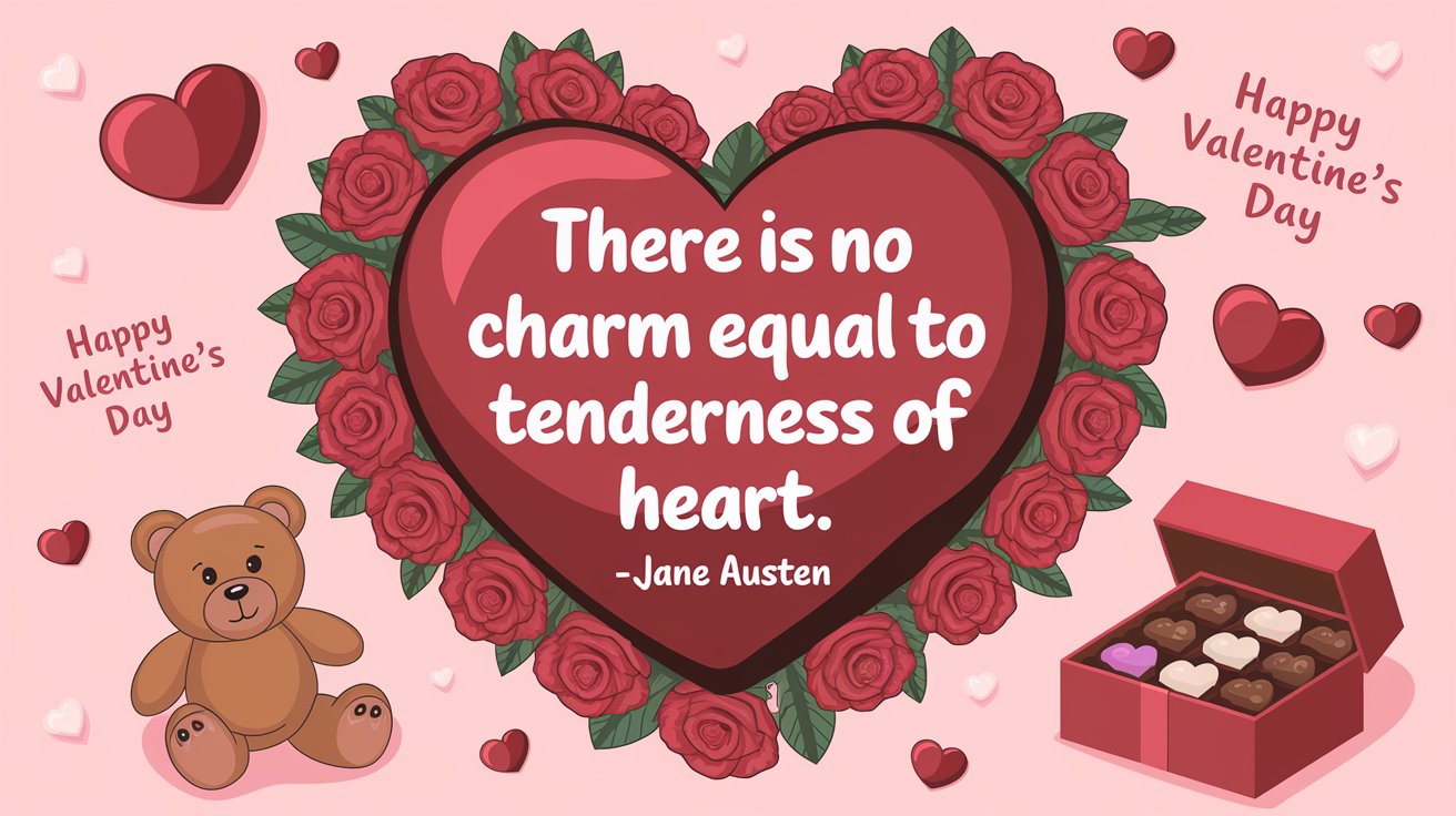 100 Valentines Day Quotes: From 600 BC to the 21st Century 28 - SeniorCenters.com An illustration of a heart with the text "There is no charm equal to tenderness of heart. -Jane Austen". Surrounding the heart are red roses, a teddy bear, and a box of chocolates. There are also hearts and the words "Happy Valentine's Day" scattered around the image. The background is a light pink.