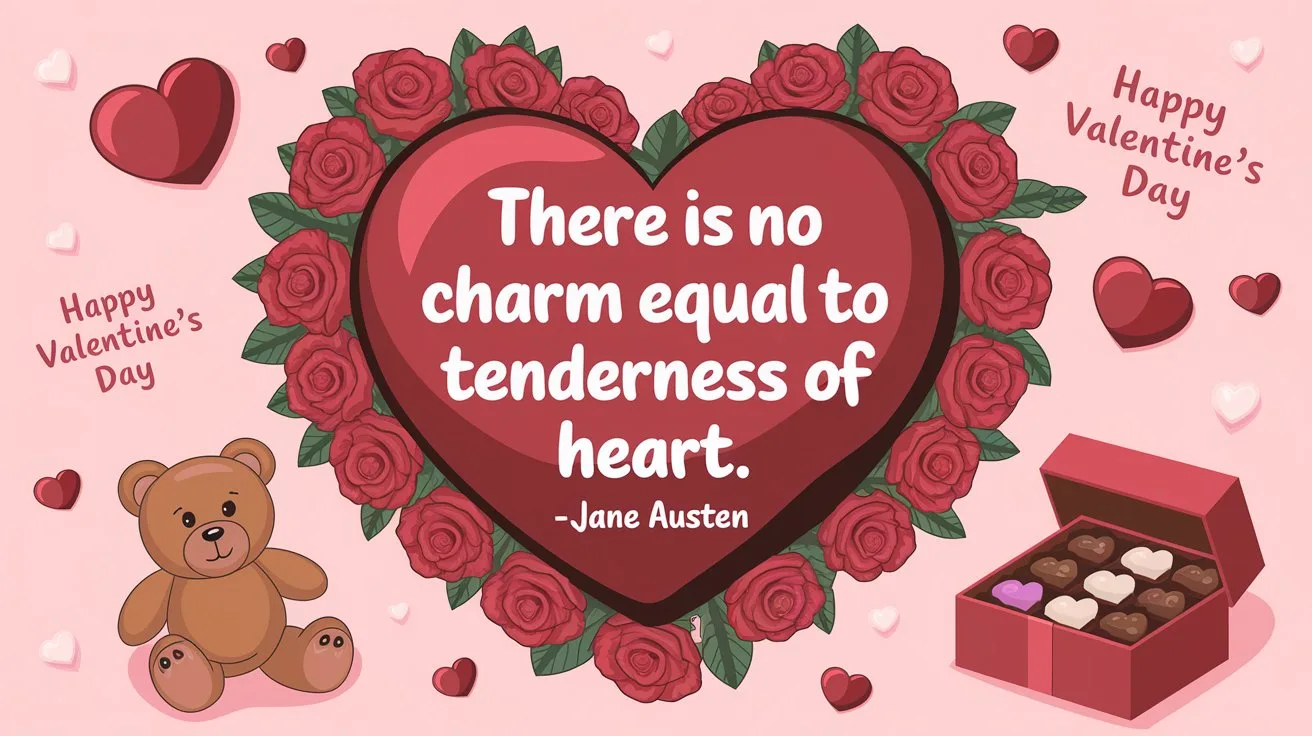 100 Valentines Day Quotes: From 600 BC to the 21st Century 27 - SeniorCenters.com An illustration of a heart with the text "There is no charm equal to tenderness of heart. -Jane Austen". Surrounding the heart are red roses, a teddy bear, and a box of chocolates. There are also hearts and the words "Happy Valentine's Day" scattered around the image. The background is a light pink.