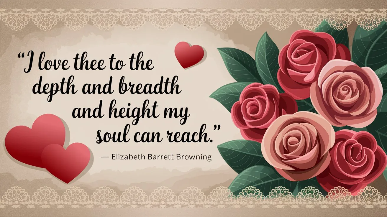 100 Valentines Day Quotes: From 600 BC to the 21st Century 33 - SeniorCenters.com An illustration of a vintage-style card with the quote "I love thee to the depth and breadth and height my soul can reach. - Elizabeth Barrett Browning". There are red hearts and a bouquet of roses in the background. The card has a lace border. The overall design is in the style of a classic valentine's day card.