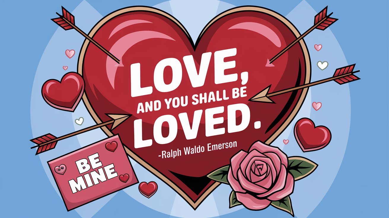 100 Valentines Day Quotes: From 600 BC to the 21st Century 33 - SeniorCenters.com An illustration of a vintage-style heart with the text "Love, and you shall be loved.-Ralph Waldo Emerson". There are floating hearts with arrows, a Valentine's Day card with the text "Be Mine", and a pink rose. The background is a light blue gradient.