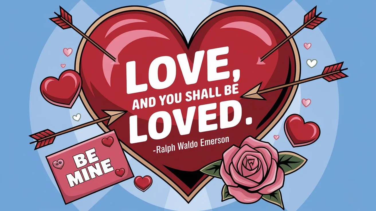 100 Valentines Day Quotes: From 600 BC to the 21st Century 32 - SeniorCenters.com An illustration of a vintage-style heart with the text "Love, and you shall be loved.-Ralph Waldo Emerson". There are floating hearts with arrows, a Valentine's Day card with the text "Be Mine", and a pink rose. The background is a light blue gradient.