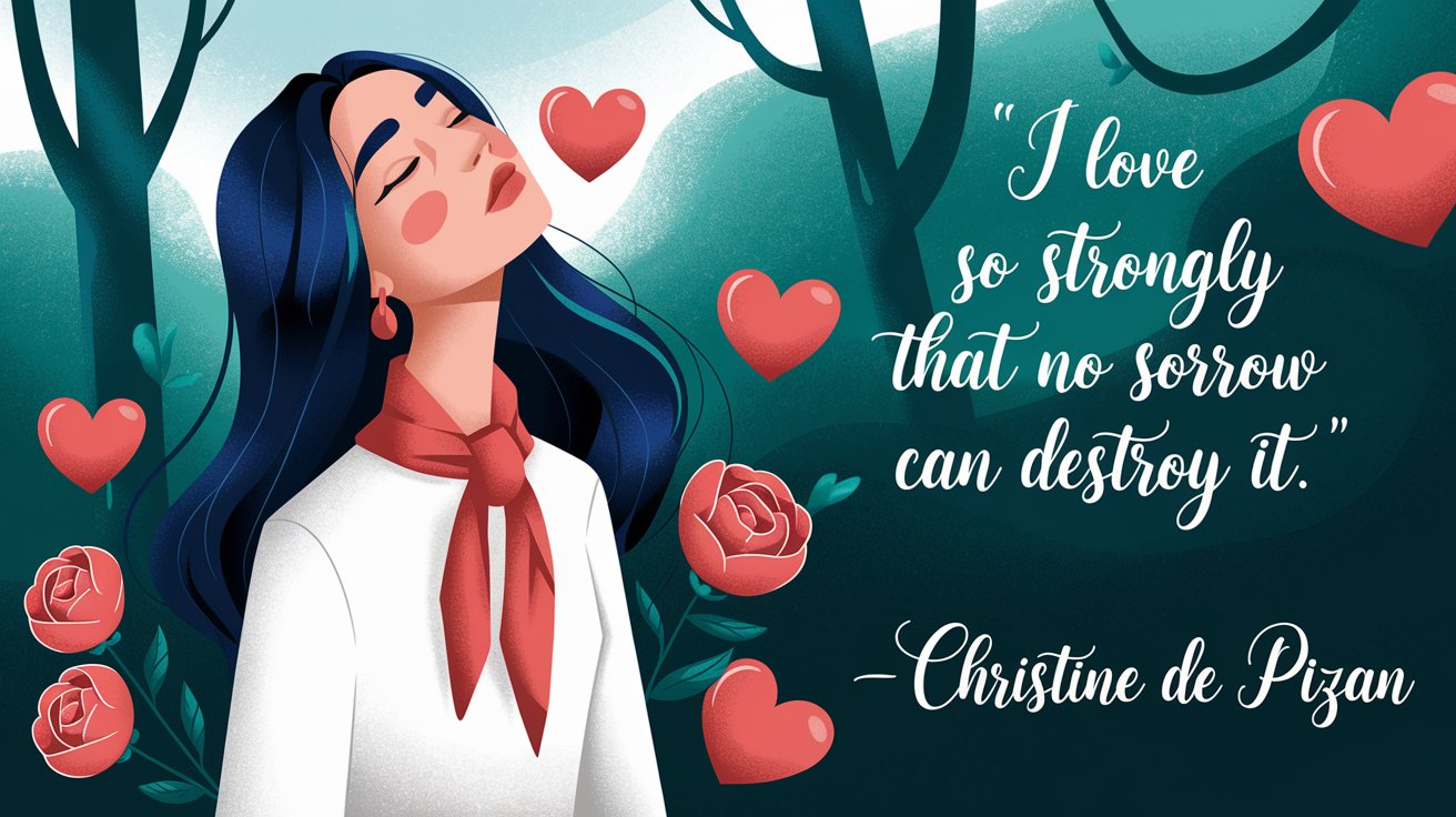 100 Valentines Day Quotes: From 600 BC to the 21st Century 17 - SeniorCenters.com An illustration of a woman with long, dark hair wearing a white shirt and a red scarf. She has her eyes closed and her head tilted up. There are hearts and roses around her. The background is a lush green forest. The quote "I love so strongly that no sorrow can destroy it. - Christine de Pizan" is written in elegant script at the bottom.