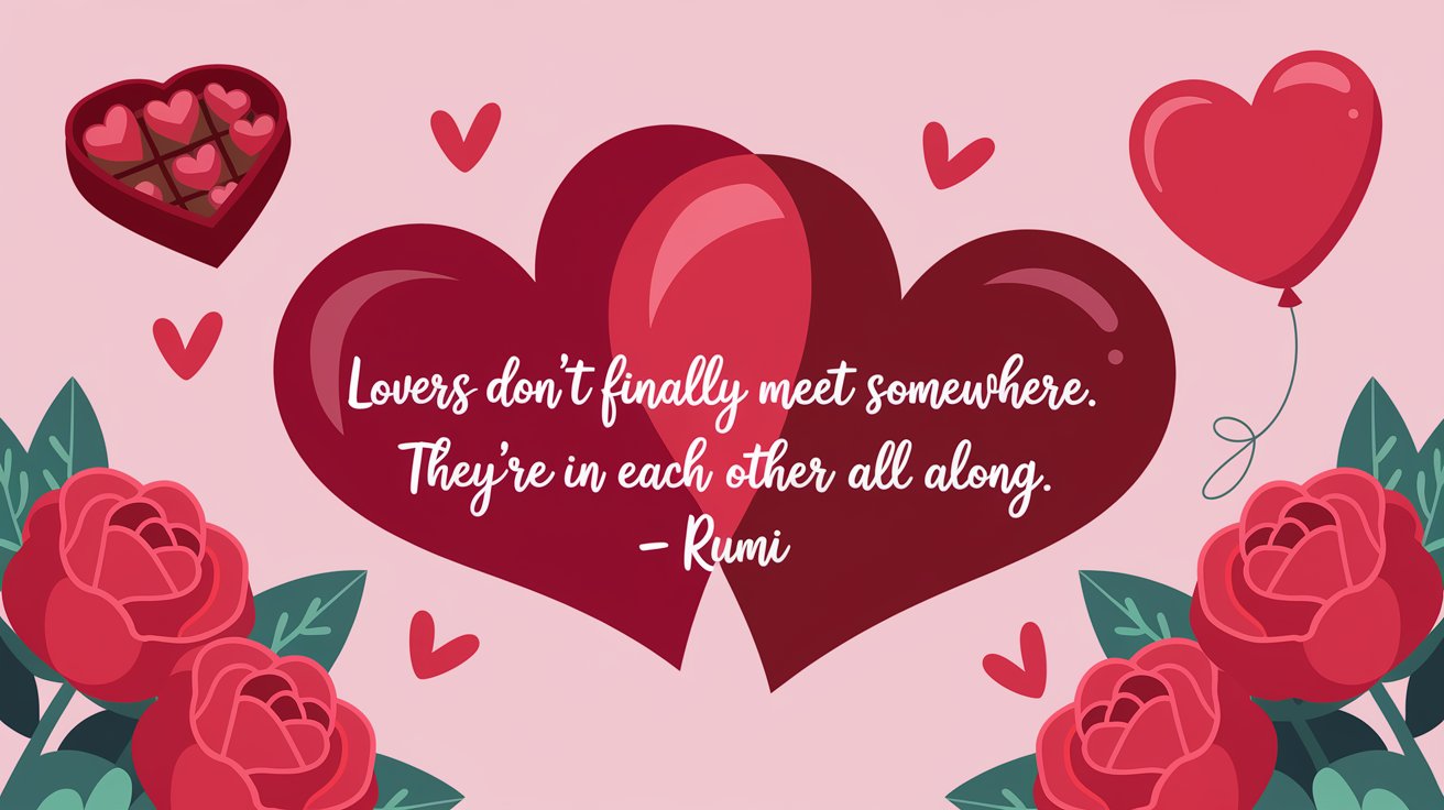 100 Valentines Day Quotes: From 600 BC to the 21st Century 12 - SeniorCenters.com An illustration of two hearts intertwined, with the quote "Lovers don't finally meet somewhere. They're in each other all along." - Rumi. There are red roses, a heart-shaped box of chocolate, and a heart-shaped balloon in the background. The background is a soft pink.