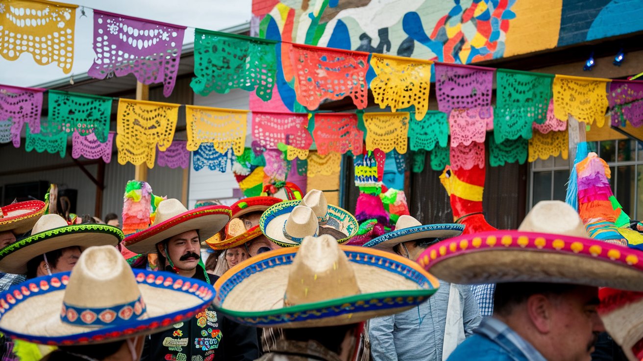 A photo of a Cinco de Mayo celebration with people wearing sombreros and mustaches. There are brightly colored decorations with patterns and text in Spanish. There are also piñatas in the shape of animals. The background contains a building with a mural.