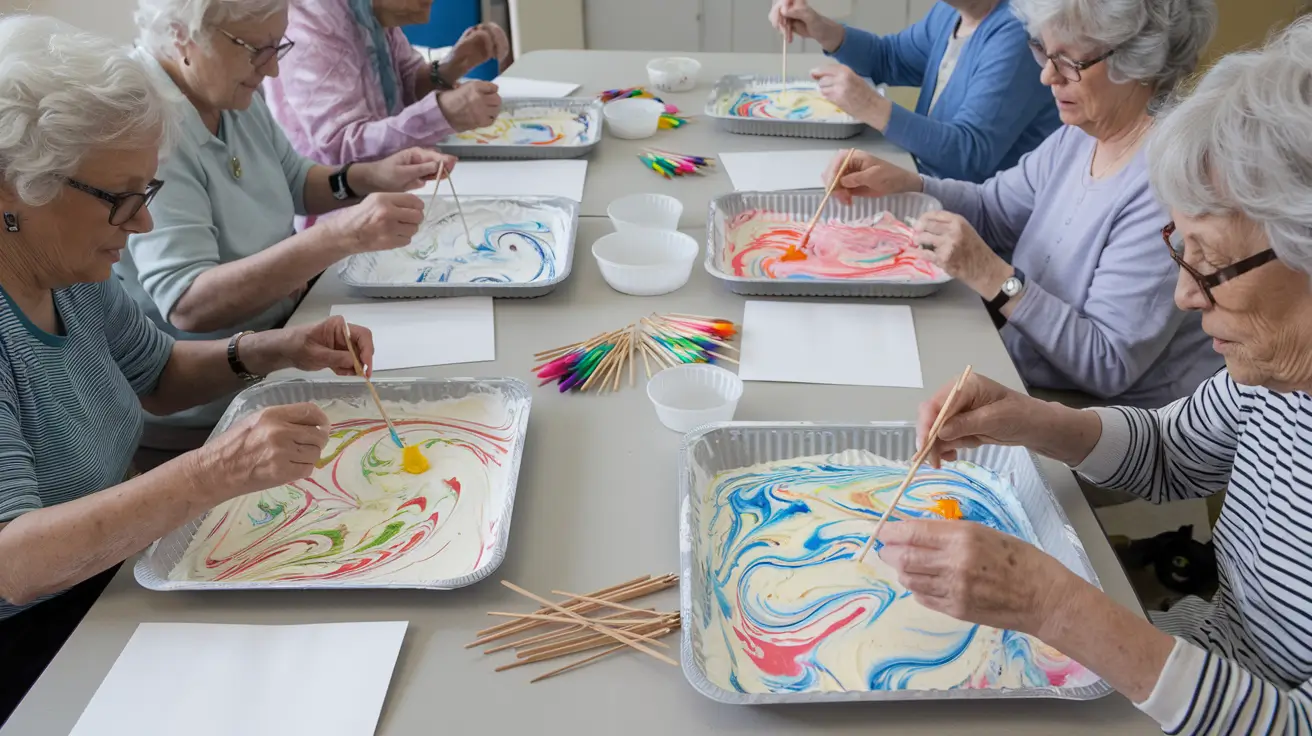 A photo of a group of seniors participating in a marbling Easter egg activity. They are sitting at a table with multiple trays filled with shaving cream and various colored food coloring. There are also white cardstock sheets and craft sticks on the table. The seniors are using the craft sticks to create marbled patterns in the shaving cream. The background is clean and uncluttered.