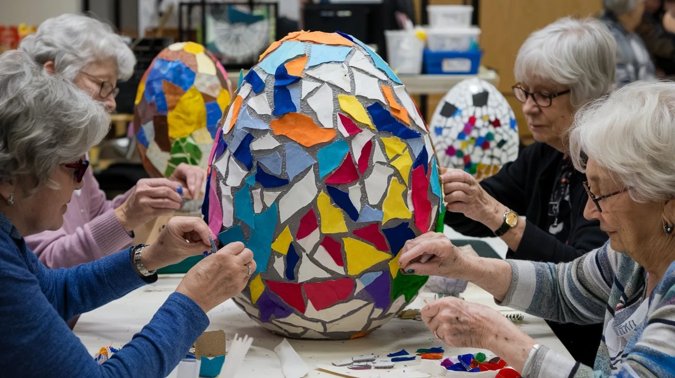 A photo of a group of seniors working on a large egg mosaic art project. The egg is filled with torn pieces of colorful paper and fabric. The seniors are carefully placing the pieces to create a mosaic design. The background contains various art supplies and completed egg mosaics.