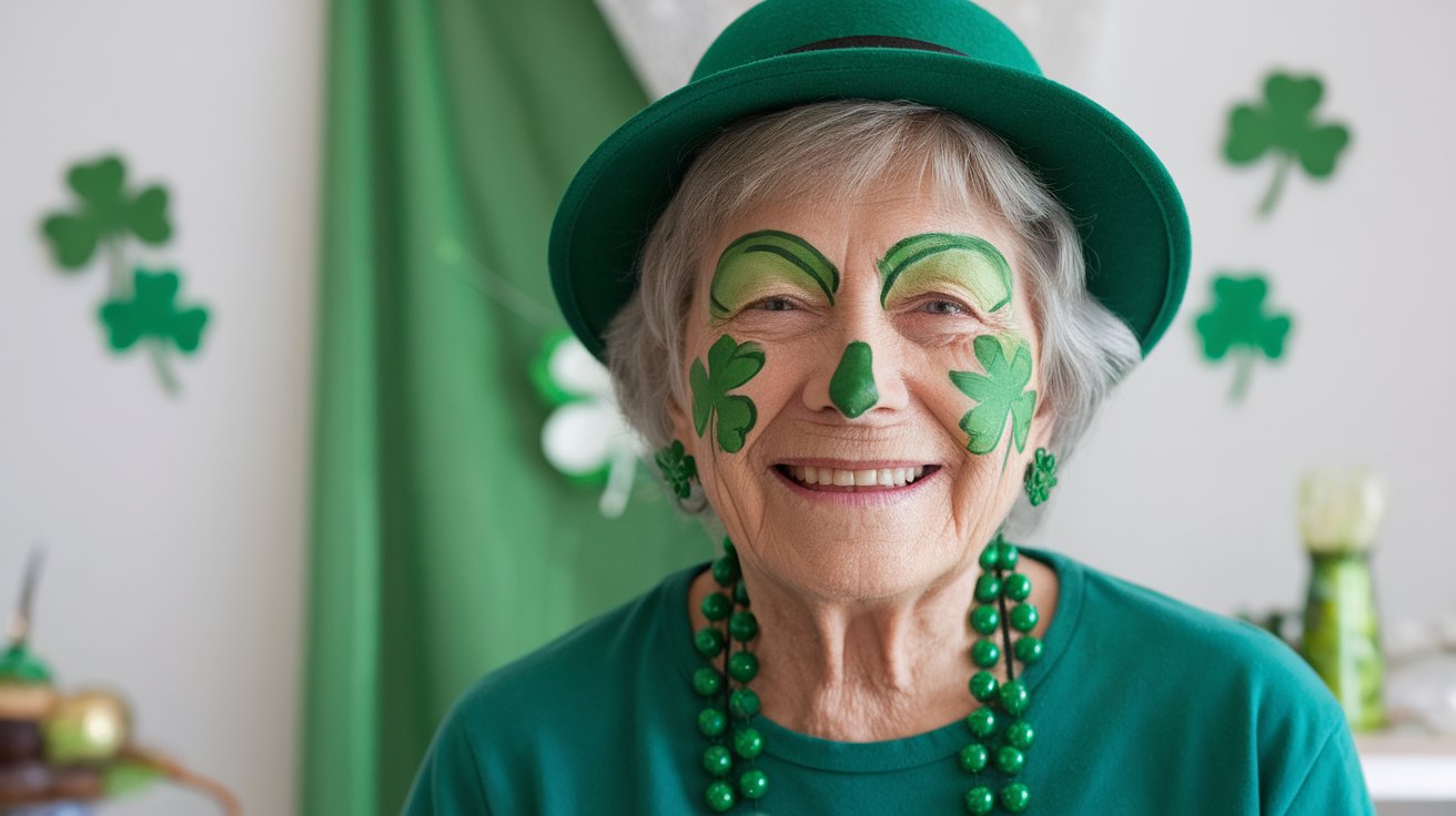 A photo of a senior citizen with their face painted with green clovers for St. Patrick's Day. The senior citizen is wearing a green shirt and a green hat. The background has a green curtain and a few decorative items.