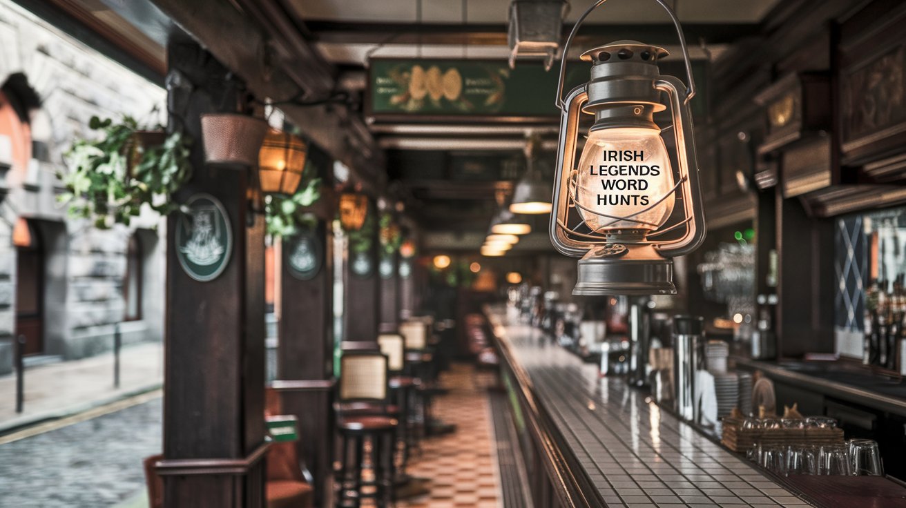 A photo of a traditional Irish pub with dark wooden walls, a tiled floor, and a long bar. Hanging above the bar is a lantern with the text "Irish Legends Word Hunts". There are old-fashioned lamps, plants, and a few chairs in the pub. The background is blurred, showing a street with cobblestones and stone walls.