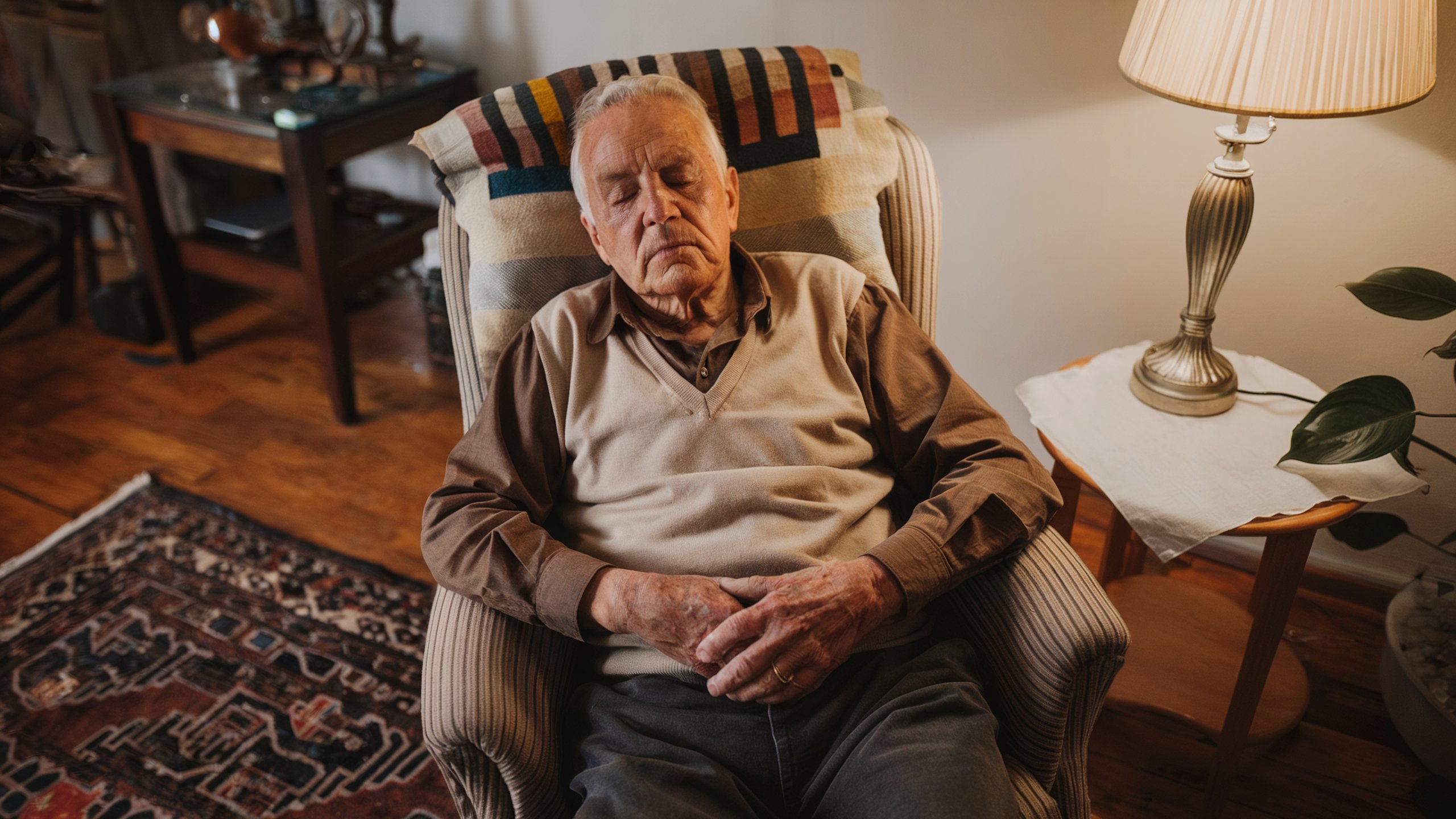 A photo of an elderly man sleeping in a chair. He is wearing a brown shirt and a beige sweater. The room has a wooden floor and contains a table, a lamp, and a plant. There is a patterned rug beneath the chair. The lighting is warm.