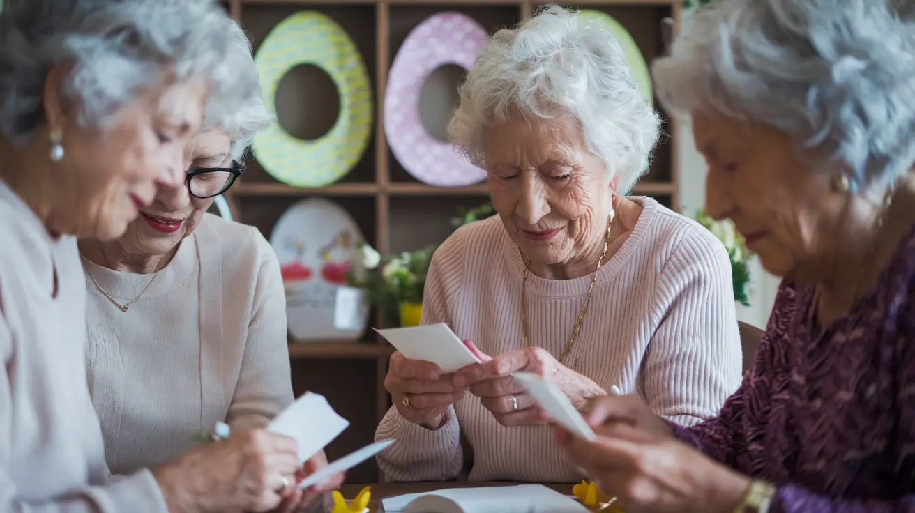 A photo of seniors in a gathering, reflecting on Easter and springtime. They are creating short poems or haikus. In the background, there are decorated egg-shaped paper frames. The overall ambiance of the photo is warm and nostalgic.