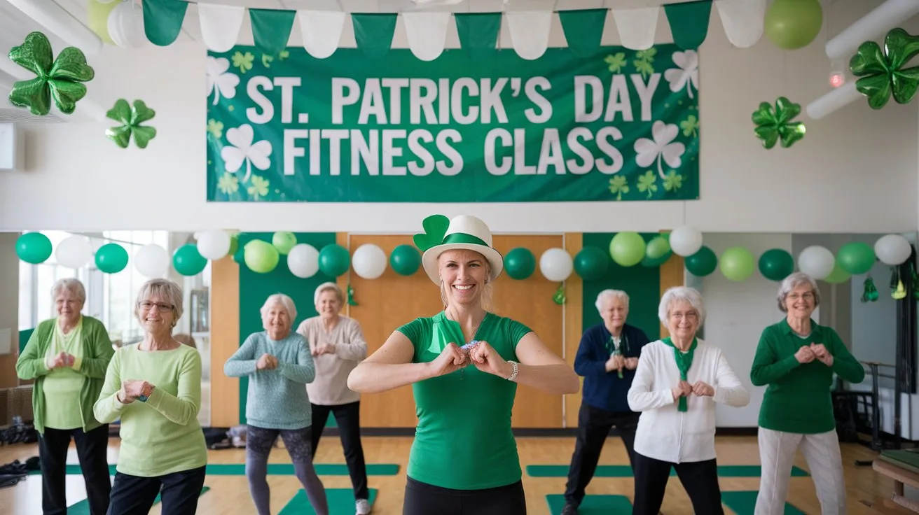 9 St. Patrick's Day Activities For Seniors 2 - SeniorCenters.com A St. Patrick's Day themed fitness class for seniors. The room is decorated with green and white banners and balloons. There's a large banner that says "St. Patrick's Day Fitness Class". The seniors are exercising to the rhythm of the music. The instructor is wearing a green shirt and a white hat. The background is a gym.