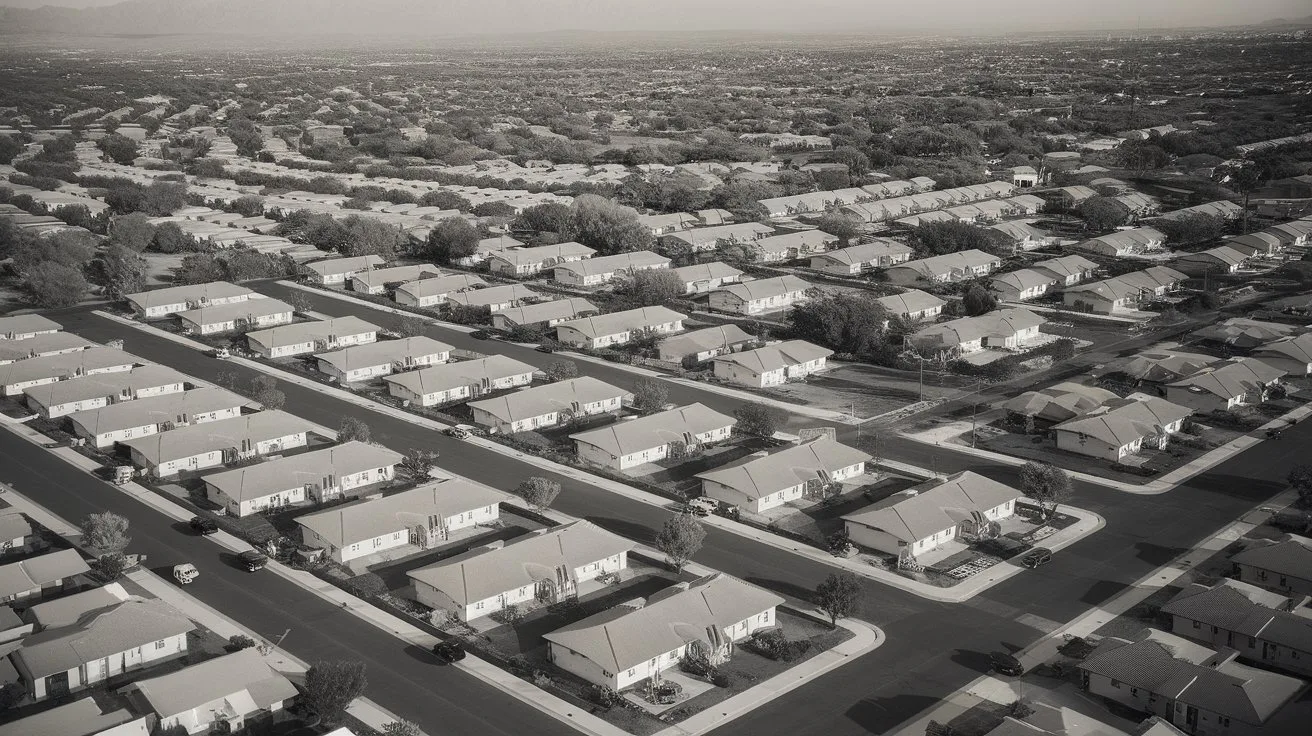 Sun City Arizona: A Paradigm Shift in Senior Living and Its Enduring Influence 2 - SeniorCenters.com A black and white photo of Sun City, Arizona from the 1950s. The photo shows a vast expanse of land with rows of identical white houses. The houses have red roofs and are spread out in a grid pattern. There are also some trees and a few cars parked along the streets. The overall image has a vintage feel.