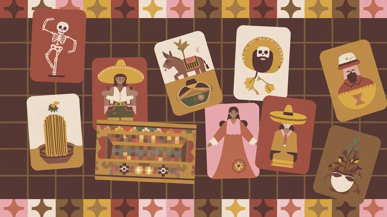 12 Must-Try Cinco de Mayo Activities for Seniors 6 - SeniorCenters.com A digital illustration of a Mexican Loteria game board. There are various illustrated cards with Mexican themes, such as a dancing skeleton, a donkey with a cart, a woman with a sombrero, a man with a beard, and a churro. The cards are placed on a checkered background. The illustration has a warm, earthy color palette with reds, oranges, and browns.