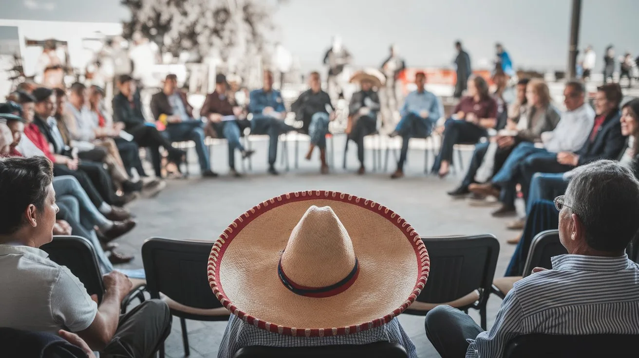 12 Must-Try Cinco de Mayo Activities for Seniors 4 - SeniorCenters.com A medium shot of a group of people sitting in a circle. They are arranged in a semicircle, with chairs placed end to end. In the foreground, there is a man with a sombrero. The background is blurred, revealing a sunny day. The atmosphere is lively.