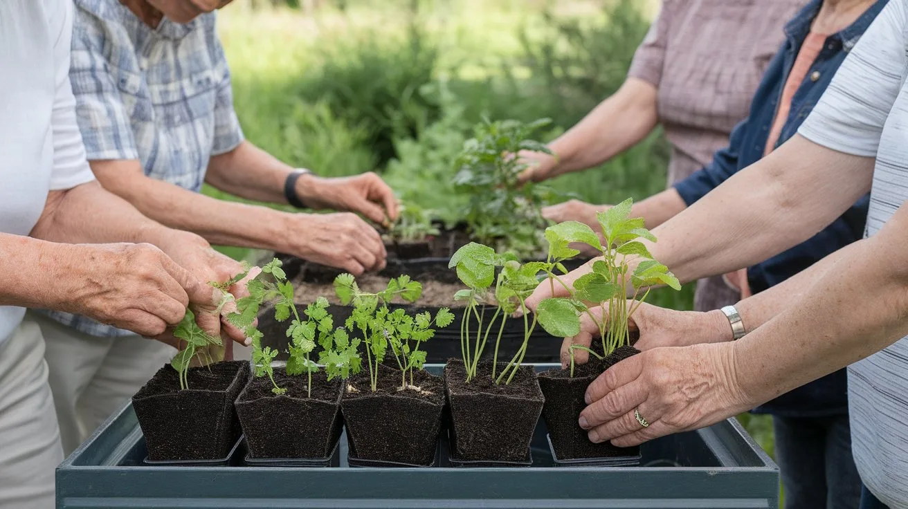 12 Must-Try Cinco de Mayo Activities for Seniors 9 - SeniorCenters.com A photo of a group of seniors setting up a planting station. There are small pots, soil, and Mexican herb seedlings like cilantro, Mexican oregano, and mint. The seniors are carefully placing the seedlings into the soil and then transferring the pots to a larger container. The background is a serene outdoor setting with greenery.
