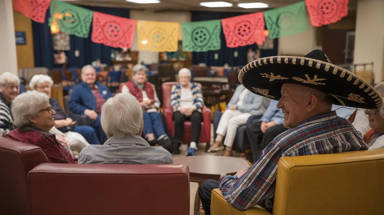 12 Must-Try Cinco de Mayo Activities for Seniors 12 - SeniorCenters.com A photo of a group of seniors sitting in a circle of comfortable seating. The man on the right is wearing a sombrero, signifying Mexican culture. The background contains Mexican decorations. The atmosphere is warm and inviting.