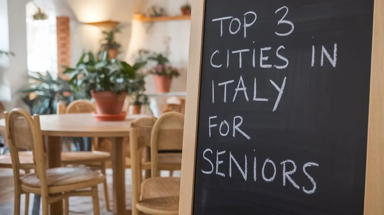 A photo of a list of the top 3 cities in Italy for seniors. The list is written on a chalkboard. The background is a cozy room with a wooden table and chairs. There is a pot of plants on the table.