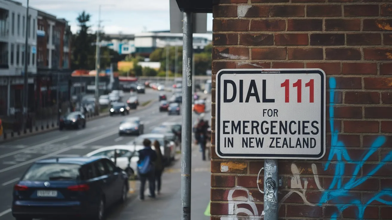 Guide to Auckland, NZ for Senior Travelers 9 - SeniorCenters.com A photo of a street sign that says "DIAL 111 FOR EMERGENCIES IN NEW ZEALAND". The sign is placed on a brick wall with graffiti. The background reveals a bustling street with cars and pedestrians.
