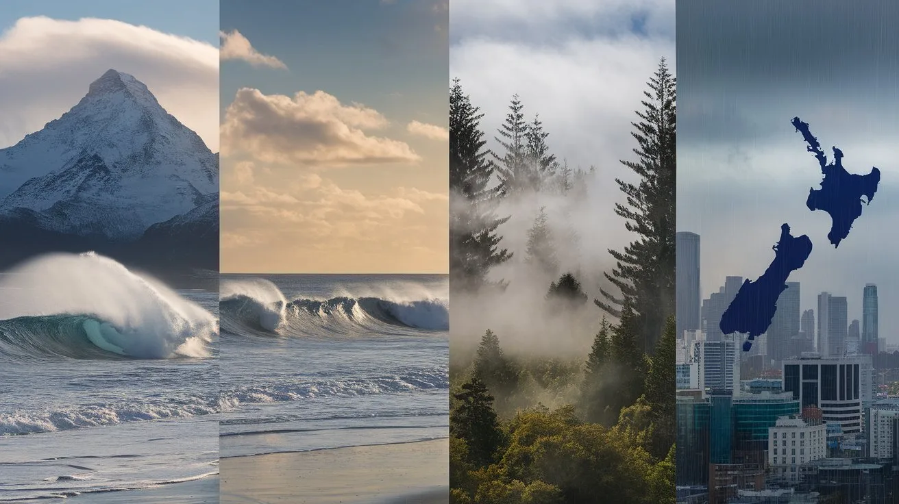 Guide to Auckland, NZ for Senior Travelers 8 - SeniorCenters.com A photo of New Zealand with four different weather conditions. There is a snowy mountain peak, a sunny beach with crashing waves, a cloudy forest with tall trees, and a rainy city with buildings.