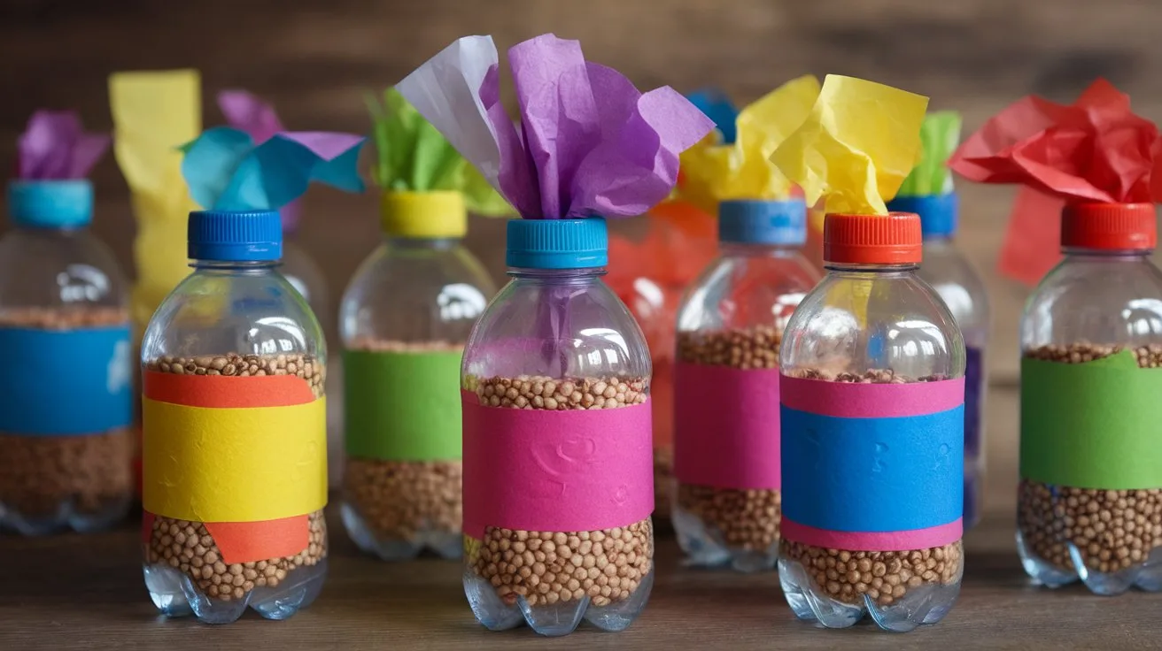 12 Must-Try Cinco de Mayo Activities for Seniors 2 - SeniorCenters.com A photo of small plastic water bottles filled with dried beans or rice. The bottles are secured with colorful duct tape. Each bottle is decorated with bright tissue paper or paint. The background is a wooden surface.