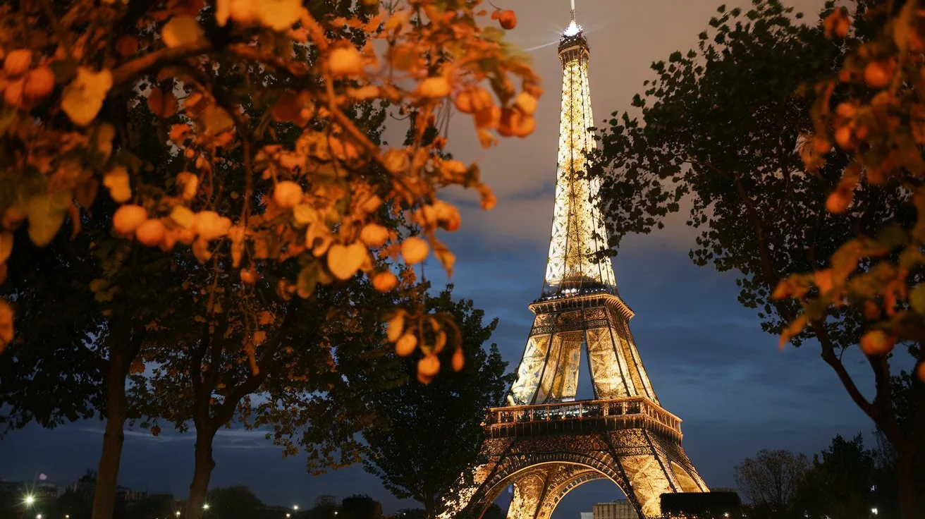 Top 3 Cities to Visit for Seniors in France 2 - SeniorCenters.com A photo of the Eiffel Tower in Paris, France. The tower is lit up at night and is visible through the trees. The ground is covered with orange leaves.