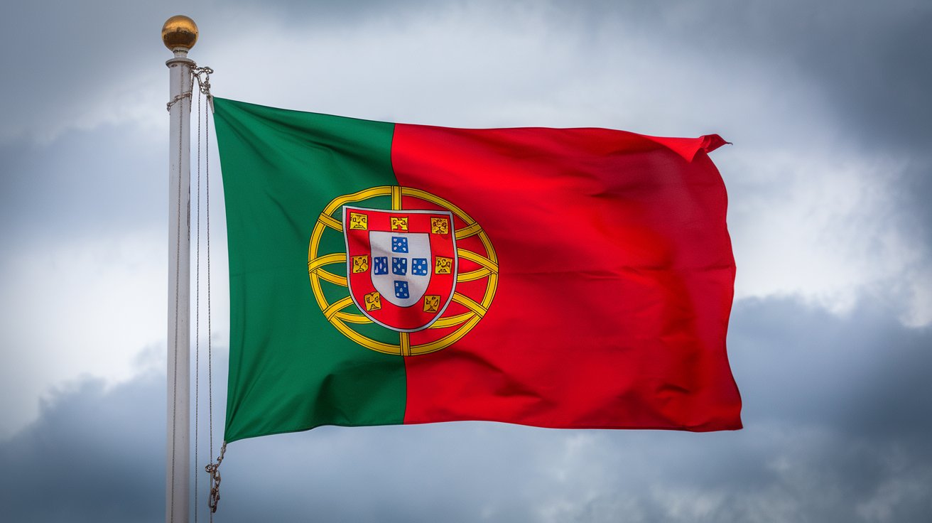 A photo of the Austrian flag with its red background and a white, horizontal cross. The flag is waving in the wind. The background is a scenic mountain view with green trees. The sky is clear with a few fluffy white clouds.