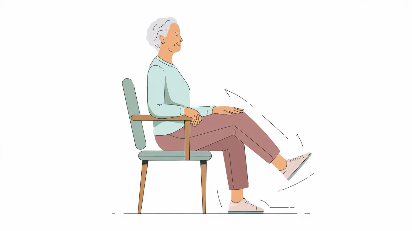 An illustration of an older adult demonstrating a seated marching exercise in a bright, well-lit room. The person is sitting tall with proper posture on a sturdy chair with armrests, back straight and not leaning against the chair back. They are shown mid-exercise with their right knee raised approximately 4-6 inches off the floor while their left foot remains flat on the ground. Their hands are resting comfortably on the armrests or on their thighs. There are subtle upward arrow indicators showing the lifting motion of the knee. The chair is stable and appropriate for an exercise setting. The person has an engaged, focused expression and is wearing comfortable clothing that clearly shows the position of the legs. The lighting clearly highlights the lifted knee position while emphasizing good seated posture with shoulders back and spine straight, demonstrating this gentle mobility and strength exercise that can be performed while seated.