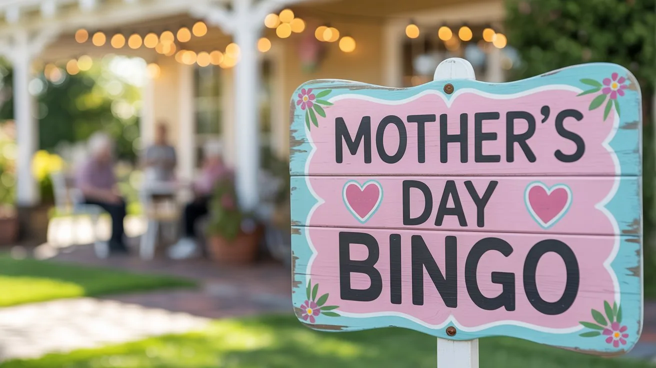 21 Meaningful Mother's Day Activities for Seniors 5 - SeniorCenters.com A charming, slightly weathered wooden sign announcing "Mother's Day Bingo" outside a quaint senior center. The sign is painted in cheerful pastel colors with a hand-lettered style font and has a subtle floral border. In the background, a sunny, well-maintained garden surrounds the center, with a few older adults enjoying the day on a patio. Soft, natural lighting illuminates the scene, evoking a feeling of warmth and community.