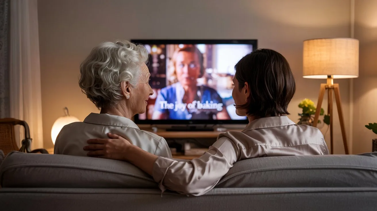 21 Meaningful Mother's Day Activities for Seniors 22 - SeniorCenters.com A cinematic photograph depicts an elderly woman with elegantly styled silver hair, gently touching the arm of her younger caregiver as they watch television. Both figures are silhouetted against the warm glow emanating from a large television screen displaying “The Joy of Baking”, their faces softened by the light. They are seated on a plush, dove-grey sofa in a tastefully decorated living room, accented by a simple wooden coffee table and a floor lamp with a linen shade. Soft, ambient lighting creates a sense of quiet intimacy and peaceful companionship, casting long shadows across the room.