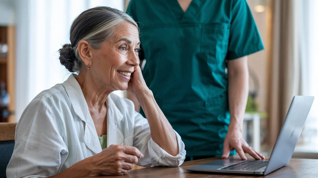 21 Meaningful Mother's Day Activities for Seniors 21 - SeniorCenters.com A photograph of a sleek, modern laptop displaying "Mother's Day Word Hunt" across the top of the screen in a playful, cursive font. The laptop is open on a rustic wooden desk, with a steaming mug of coffee and a small vase of vibrant yellow sunflowers positioned to the side. Soft, natural light streams in from a nearby window, creating a warm and inviting atmosphere. The background is intentionally blurred, showcasing a cozy living room with a comfortable armchair and a partially visible bookshelf.