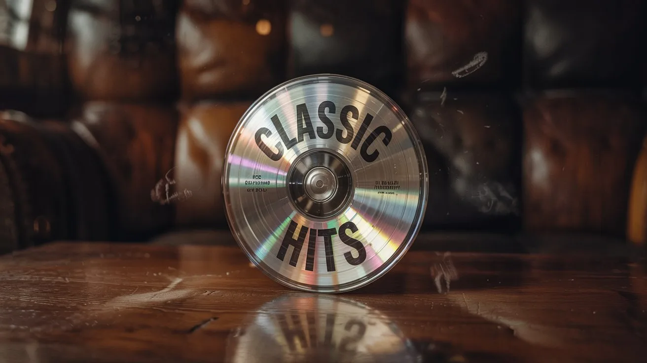 21 Meaningful Mother's Day Activities for Seniors 18 - SeniorCenters.com A photograph of a vintage vinyl record hovering slightly above a polished wooden surface. The record has a silver label with "CLASSIC HITS" printed in bold black letters. Subtle dust particles float in the air around the disc, catching the light from a nearby window, which softly illuminates the record’s reflective surface. The background is a blurred expanse of dark brown leather, creating a sense of depth and focusing attention on the suspended CD.