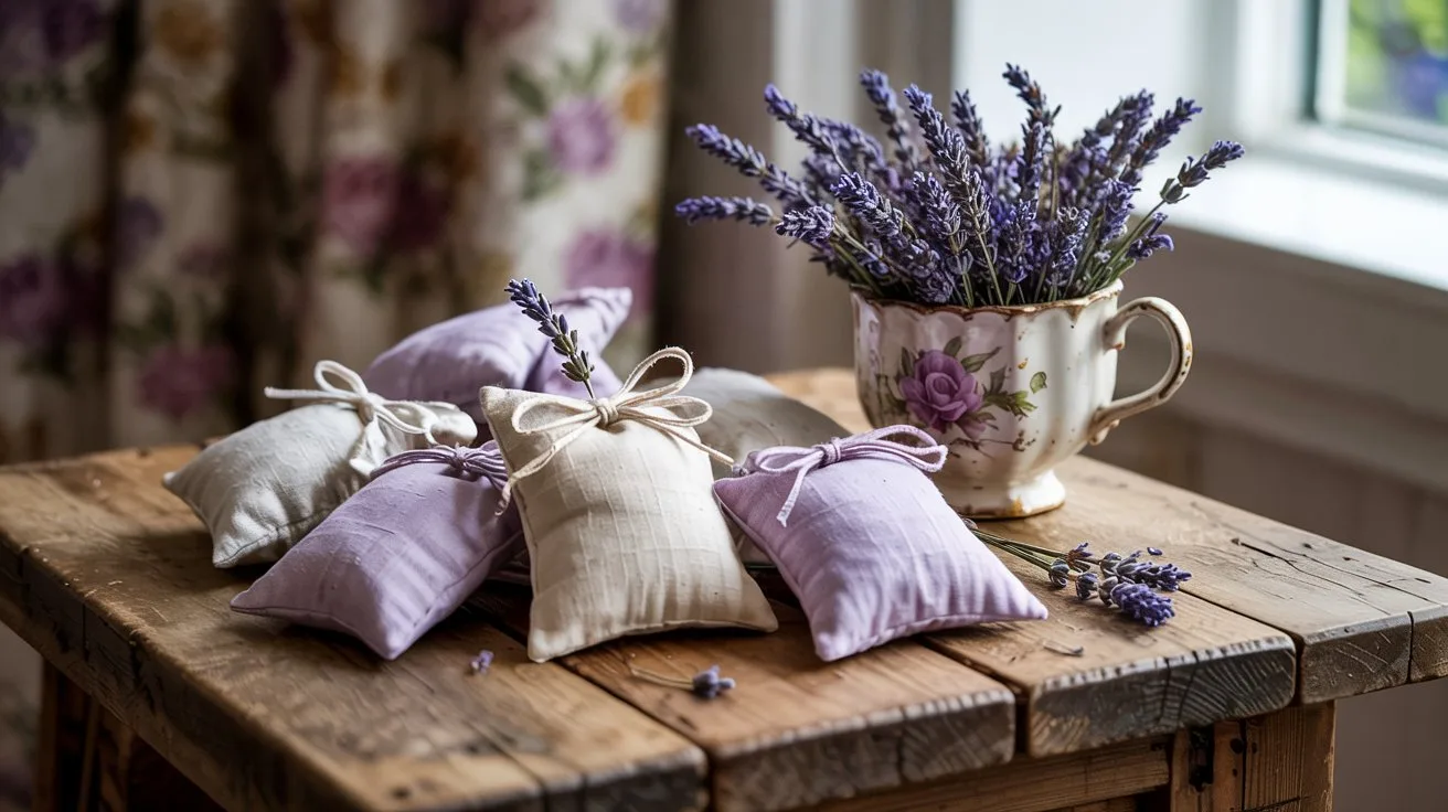 21 Meaningful Mother's Day Activities for Seniors 19 - SeniorCenters.com A photograph showcasing several handmade lavender sachets arranged on a rustic wooden table. The sachets are made of soft linen fabric in varying shades of pale purple and cream, each tied with delicate twine and adorned with a sprig of dried lavender. A small, antique porcelain teacup filled with fresh lavender blossoms sits nearby, bathed in soft, diffused natural light streaming through a nearby window. The background is a blurred view of a cozy cottage interior with vintage floral wallpaper and a warm, inviting atmosphere.