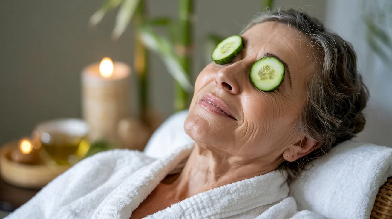 21 Meaningful Mother's Day Activities for Seniors 16 - SeniorCenters.com A serene, softly lit portrait photograph of a senior woman peacefully resting at a luxurious spa. She has delicate features and a gentle smile, with two thick slices of crisp, cool cucumber resting comfortably on her closed eyes, enhancing the sense of relaxation. The background is a muted, calming shade of pale green with softly blurred hints of decorative bamboo and a nearby bowl of fragrant green tea. Soft, diffused light streams in from a nearby window, creating a tranquil and restorative atmosphere.