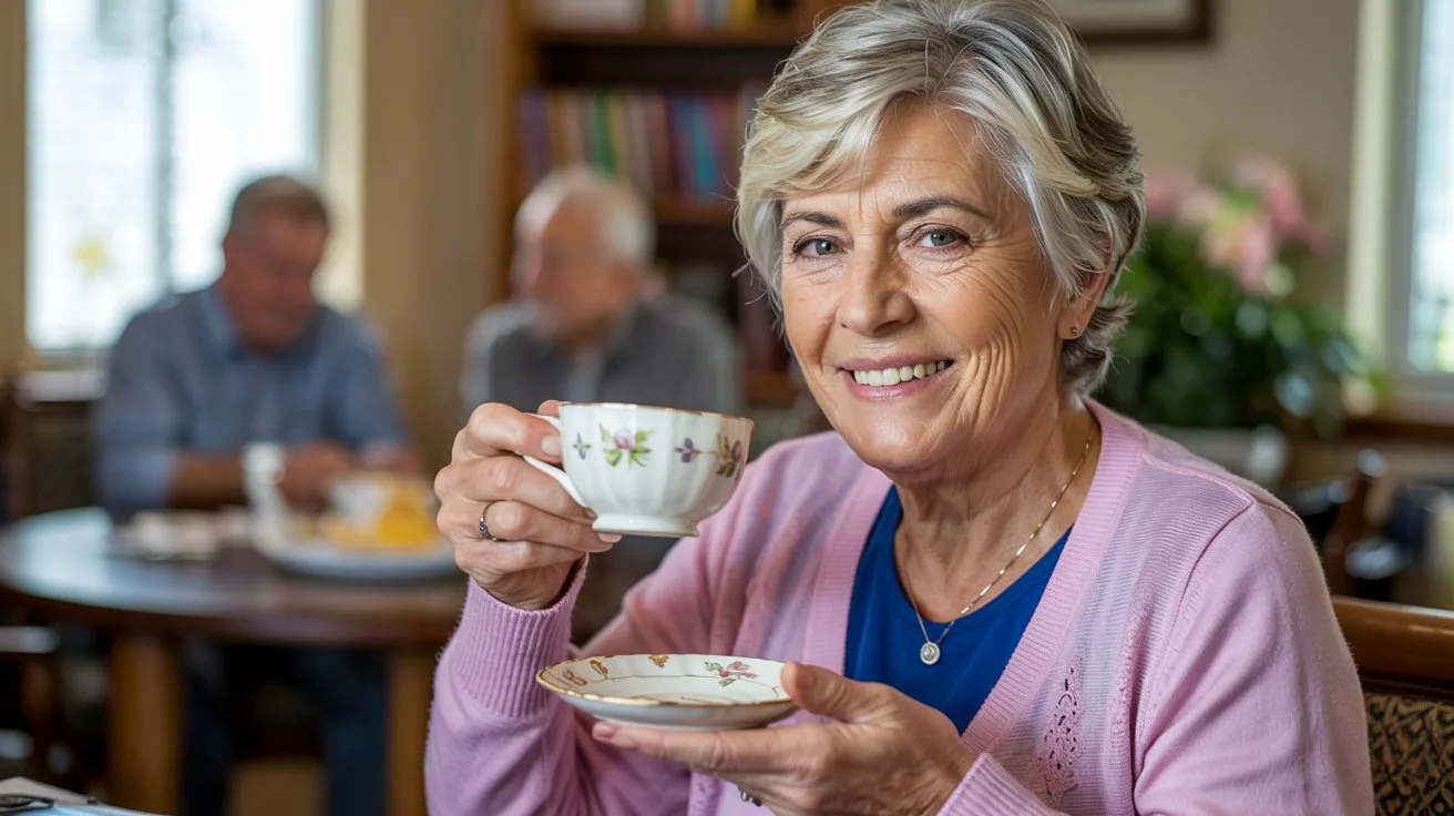 21 Meaningful Mother's Day Activities for Seniors 3 - SeniorCenters.com an image of a senior woman at a senior center smiling with a teacup as she takes a sip