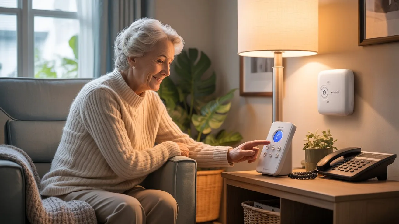 A heartwarming illustration depicting a cozy living room scene designed for senior home safety. The main focus is an elderly woman smiling gently as she uses a smart home device to adjust the thermostat, showcasing ease of use and comfort. A subtle assistive device, like a grab bar near the armchair, and motion-sensor lighting highlight proactive safety measures. Soft, warm lighting illuminates the room, emphasizing a safe and welcoming environment with comforting details like a knitted blanket and a well-placed emergency call button near the telephone, emphasizing the text "Peace of Mind".