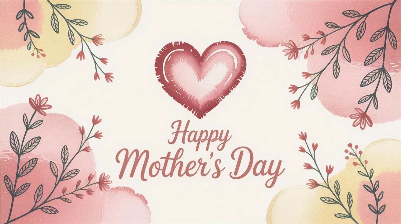 21 Meaningful Mother's Day Activities for Seniors 15 - SeniorCenters.com A heartwarming Mother’s Day card featuring a watercolor wash background in soft pinks and creams with a prominent, slightly distressed heart-shaped stamp in a deep rose hue layered towards the center. Scattered around the heart stamp are delicate, hand-drawn floral sprigs in shades of sage green and blush pink, creating a gentle, nature-inspired aesthetic and a sense of handmade charm. The text "HAPPY MOTHER'S DAY" is displayed in a flowing, elegant script font in a complementary shade of rose, positioned just below the heart stamp with ample space inside the card for a personalized message and a subtle border of tiny floral illustrations that echo the design on the front. The overall tone is sentimental and comforting, celebrating the warmth and love of a mother with a design that feels both classic and uniquely personal.