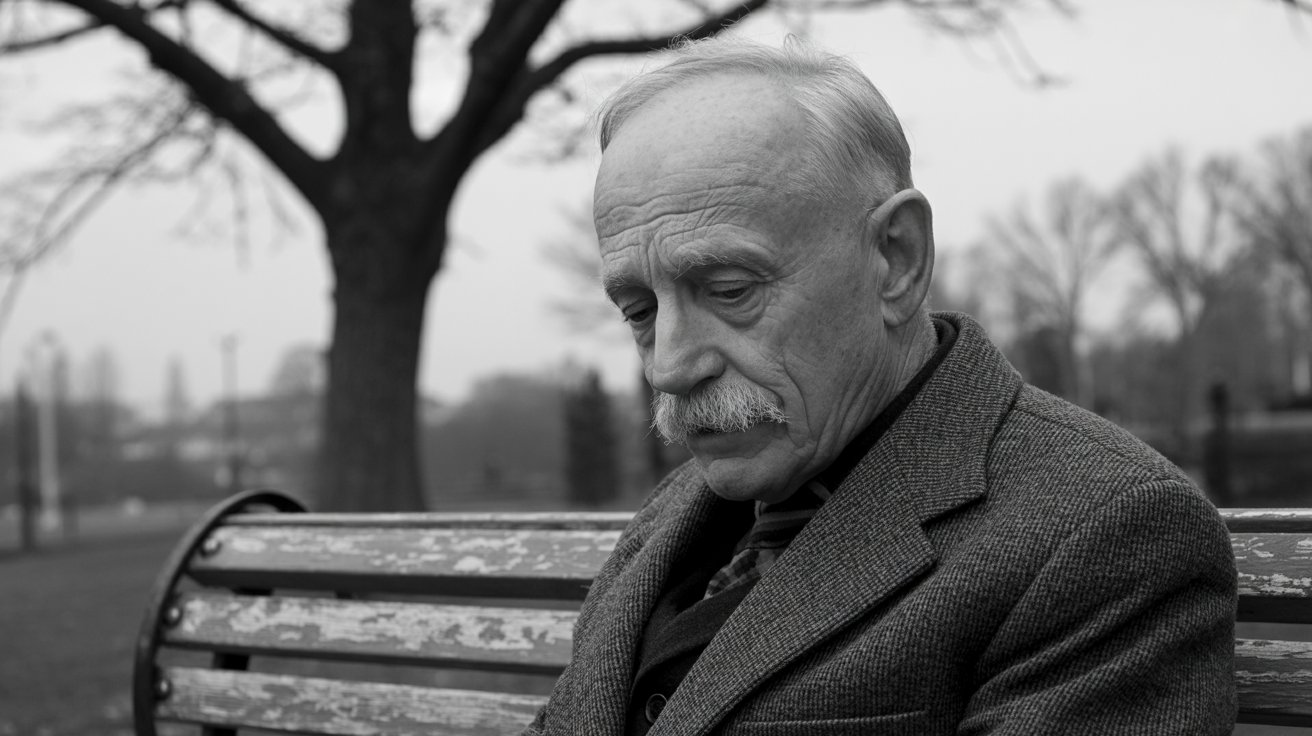 A melancholic, black and white portrait photograph of a solitary elderly gentleman sitting on a weathered park bench. He has kind eyes, deeply etched wrinkles, and a neatly trimmed white mustache, gazing downwards with an expression of quiet contemplation. The bench sits beneath a bare winter tree, its branches reaching towards a grey, overcast sky, creating a sense of isolation and peaceful introspection. Soft, diffused light illuminates his face, emphasizing the textures of his skin and the subtle details of his worn tweed jacket.