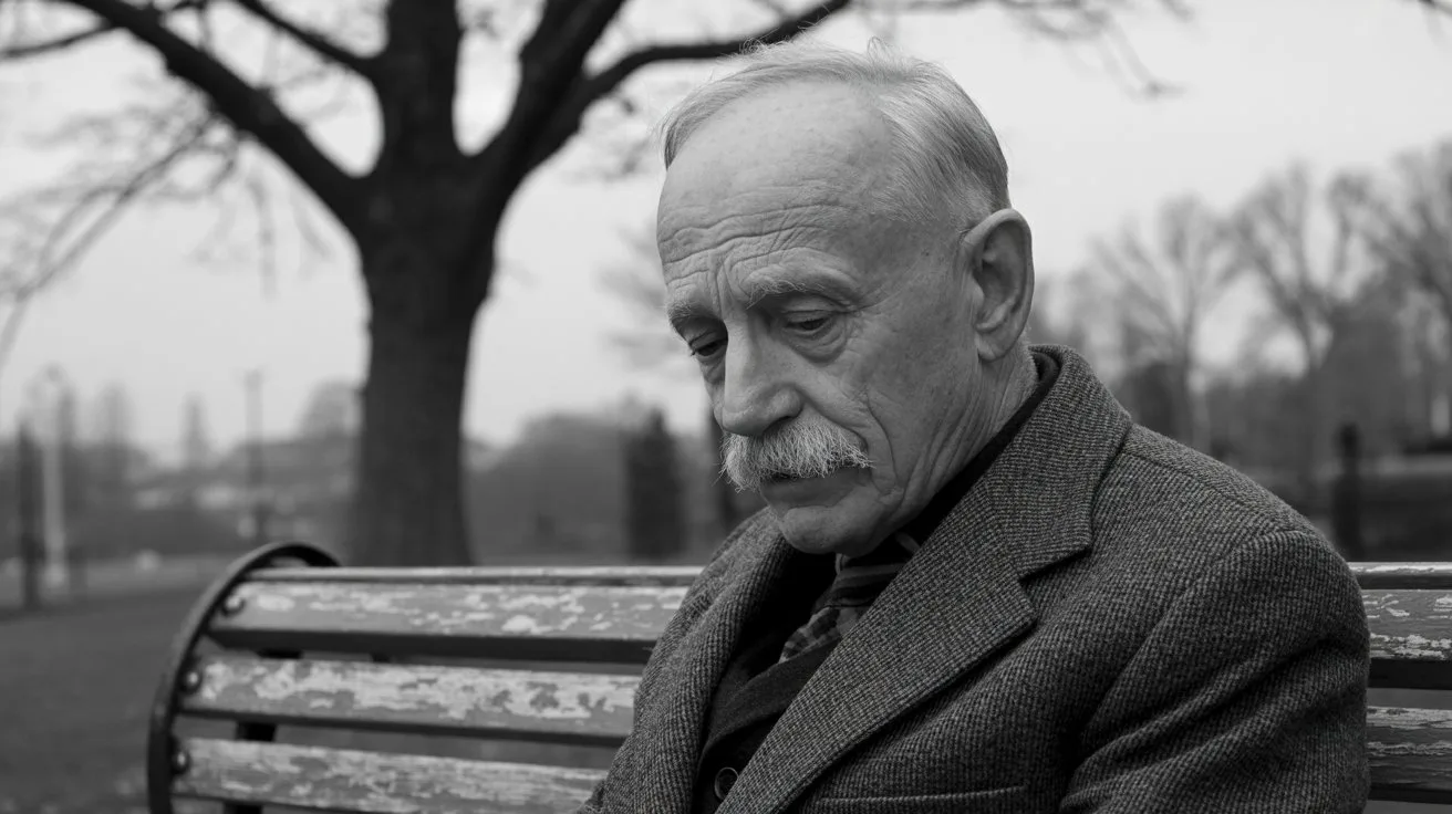 A melancholic, black and white portrait photograph of a solitary elderly gentleman sitting on a weathered park bench. He has kind eyes, deeply etched wrinkles, and a neatly trimmed white mustache, gazing downwards with an expression of quiet contemplation. The bench sits beneath a bare winter tree, its branches reaching towards a grey, overcast sky, creating a sense of isolation and peaceful introspection. Soft, diffused light illuminates his face, emphasizing the textures of his skin and the subtle details of his worn tweed jacket.