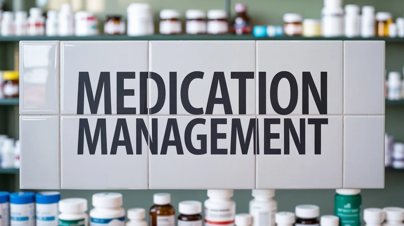 A photograph featuring the phrase "Medication Management" displayed in bold, modern sans-serif font on a clean white ceramic tile. The text is centered and slightly angled, suggesting movement and importance, with a subtle shadow to give it depth. Behind the tile, a blurred background of various pill bottles and neatly organized medication packaging hints at a pharmacy or clinical setting, bathed in soft, diffused natural light. The overall composition emphasizes clarity and organization, conveying a sense of responsibility and care.