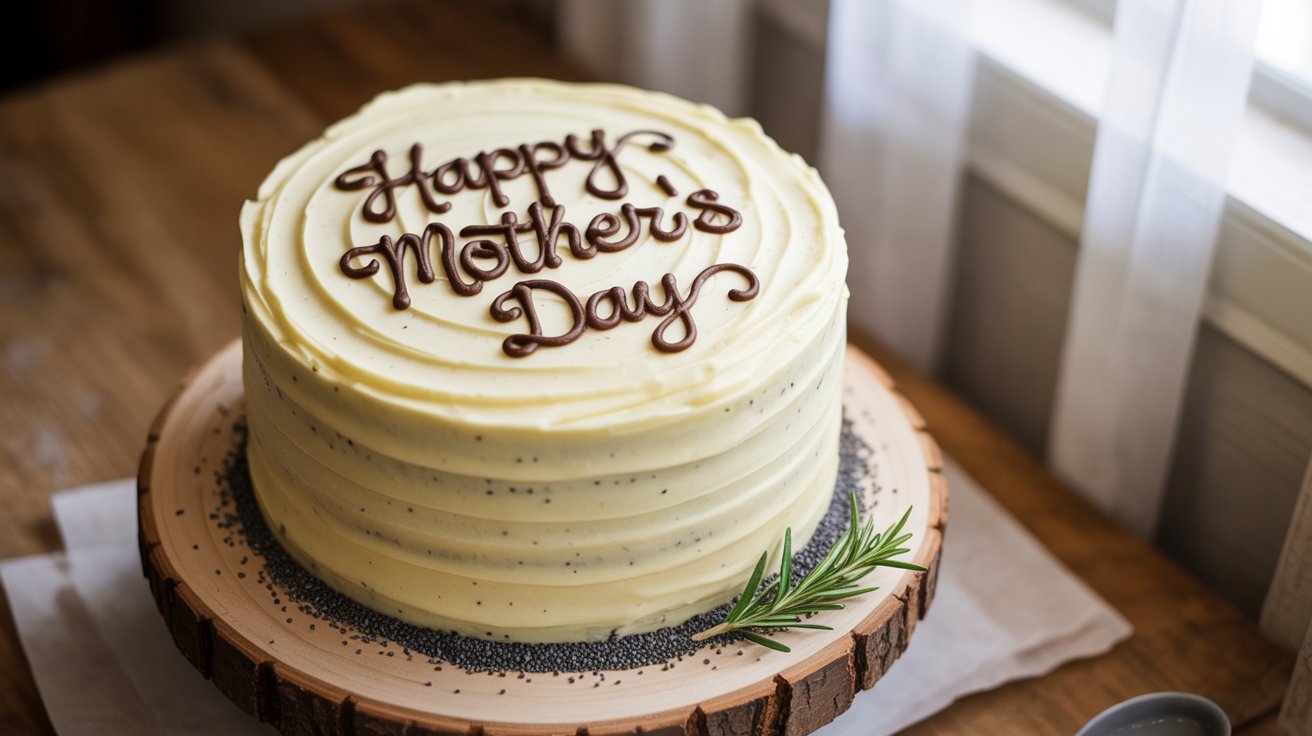 21 Meaningful Mother's Day Activities for Seniors 13 - SeniorCenters.com A photograph of a freshly baked lemon poppyseed cake adorned with delicate buttercream frosting. The cake sits on a rustic wooden cake stand and features the words "Happy Mother's Day" written in elegant cursive using dark chocolate icing. Scattered around the base of the cake are a few stray poppy seeds and a single sprig of fresh rosemary. Soft, diffused sunlight streams in from a nearby window, casting a warm glow over the scene.