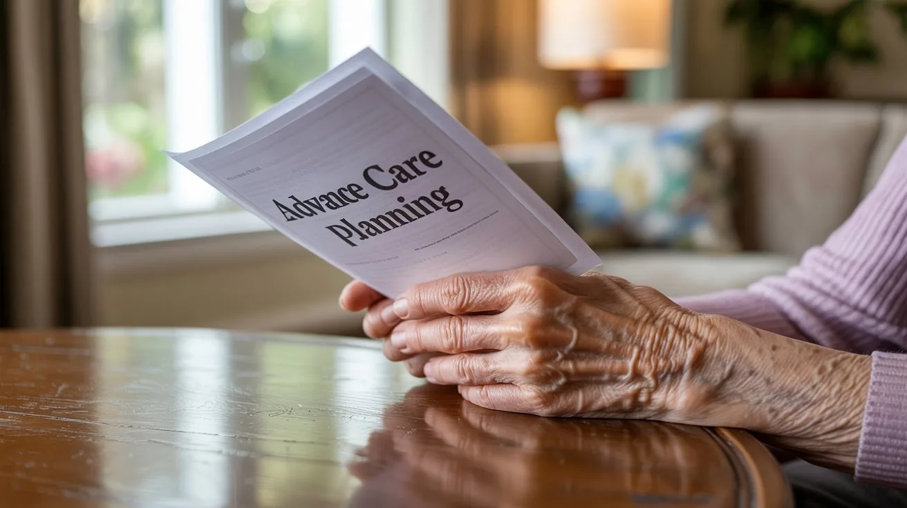 A photograph of a pair of elderly hands gently holding a document with the text "advance care planning" clearly visible. The hands are weathered with age, displaying faint blue veins and delicate wrinkles, resting on a polished wooden surface. Soft natural light streams in from a nearby window, illuminating the document and casting gentle shadows that highlight the texture of the hands and the wood grain. A blurred background of a comfortable living room suggests a thoughtful and peaceful setting.