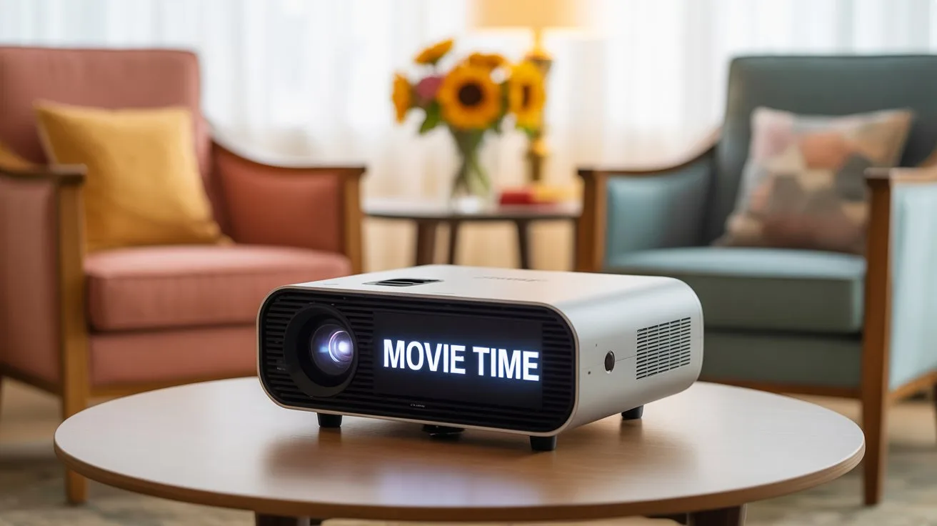21 Meaningful Mother's Day Activities for Seniors 8 - SeniorCenters.com A photograph of a sleek, modern portable movie projector sitting on a table in a brightly lit senior center hall. The projector is white with rounded edges and a small lens, displaying "MOVIE TIME" on its front panel in clear, bold letters. Around the projector are a few comfortable armchairs and a small side table with a vase of sunflowers, creating a welcoming atmosphere. Soft, diffused lighting illuminates the scene, highlighting the projector and inviting the audience to enjoy a film.