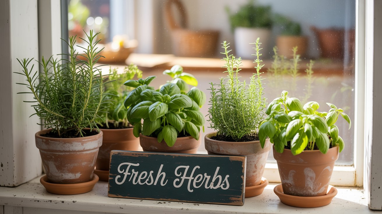21 Meaningful Mother's Day Activities for Seniors 11 - SeniorCenters.com A photograph of a small herb garden thriving on a sun-drenched window sill. Several terracotta pots filled with fragrant rosemary, basil, and mint are neatly arranged, their leaves a vibrant mix of green and silvery-grey. A small wooden sign resting against the pots reads " "Fresh Herbs" " in elegant script, while sunlight streams in from the window, casting a warm glow on the foliage and illuminating dust motes dancing in the air. The background shows a blurred view of a cozy kitchen interior, enhancing the feeling of a welcoming and lived-in space.