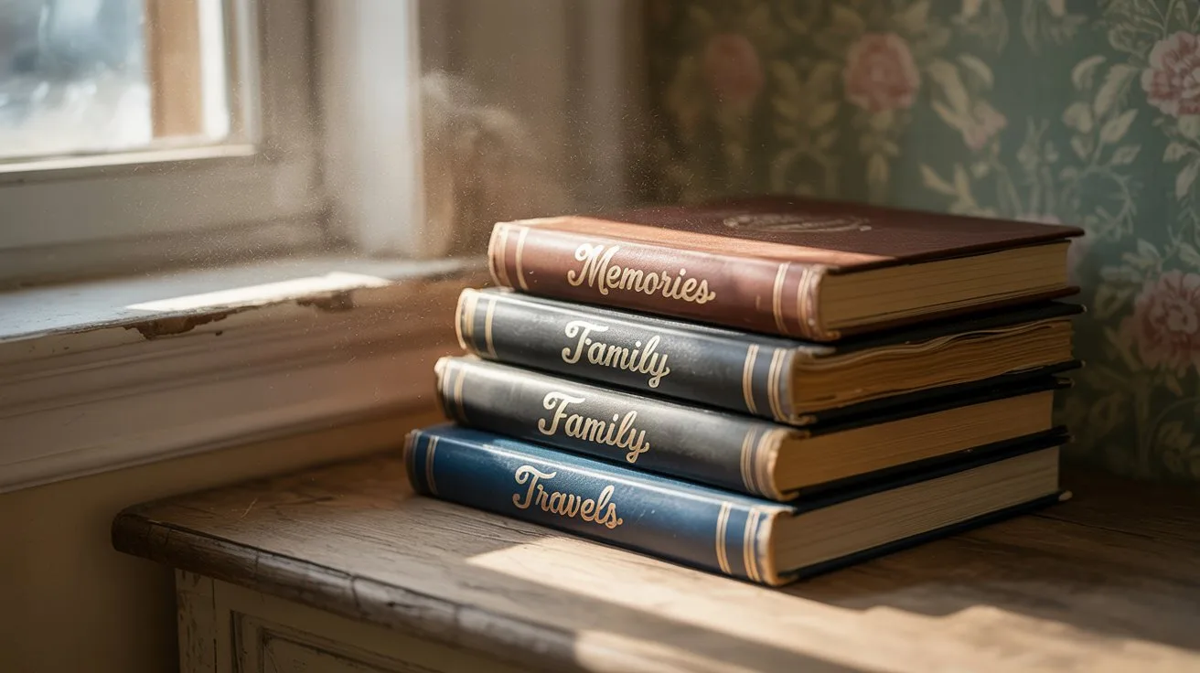 21 Meaningful Mother's Day Activities for Seniors 10 - SeniorCenters.com A photograph of a stack of vintage photo albums resting on a weathered wooden table. The albums are bound in worn leather with gold-lettered titles that read "Memories" and "Family" and "Travels" in elegant script. Soft sunlight streams through a nearby window, illuminating the dust motes dancing in the air and creating a nostalgic atmosphere with a faded floral wallpaper visible in the background. The scene evokes a sense of cherished history and personal storytelling.