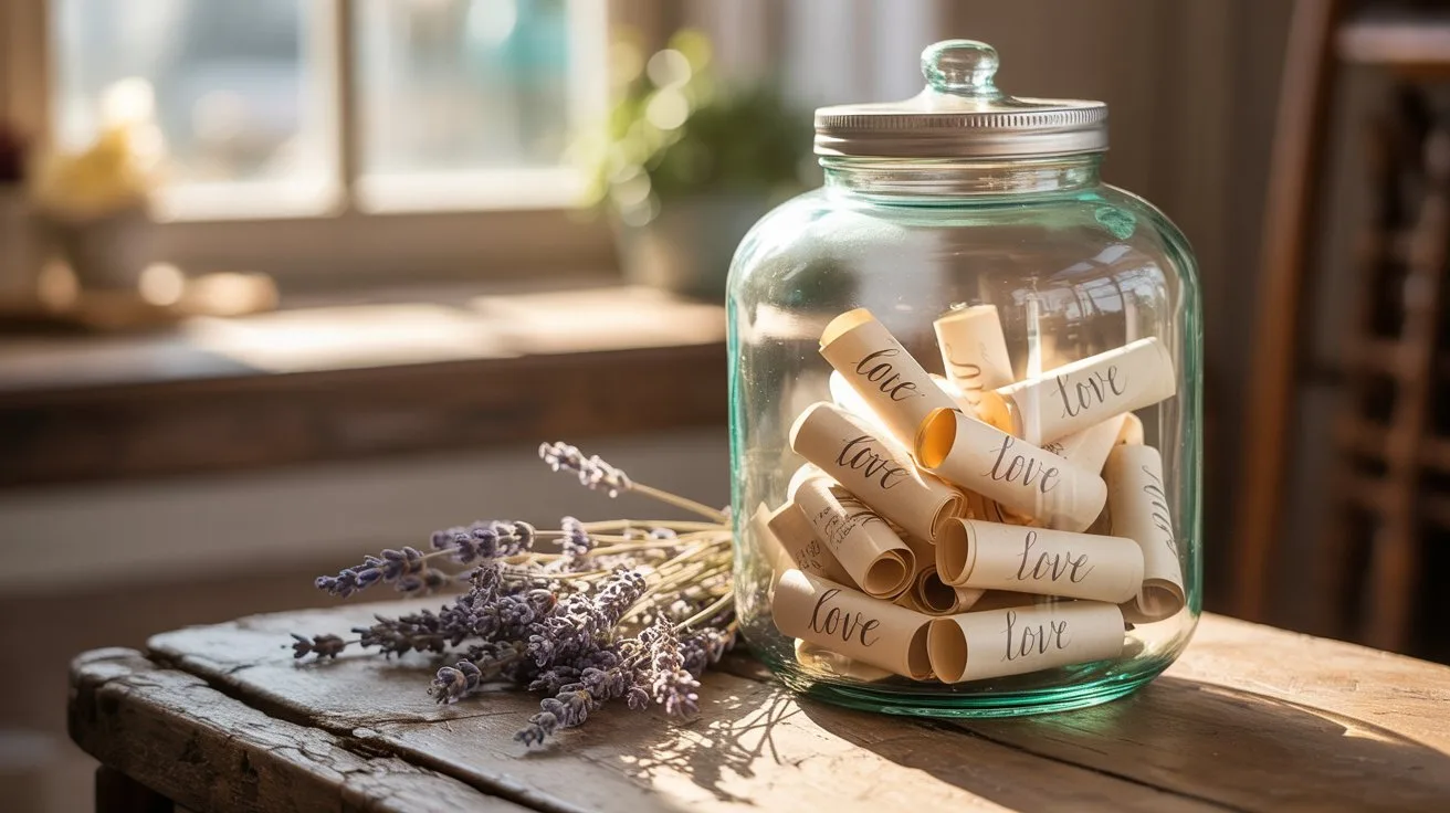 21 Meaningful Mother's Day Activities for Seniors 9 - SeniorCenters.com A photograph of a vintage glass memory jar filled with rolled-up notes, resting on a rustic wooden table. Many of the notes are visible, each bearing a single word written in elegant calligraphy: "Love". Soft, warm sunlight streams in from a nearby window, illuminating the jar and casting gentle shadows on the aged wood. A scattering of dried lavender sprigs surrounds the jar, adding a touch of tranquility to the scene.